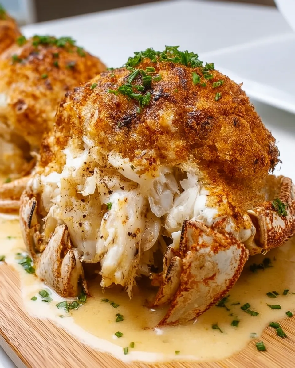 Golden brown famous crab bombs bursting with lump crab meat, served hot and garnished with fresh herbs on a white plate.
