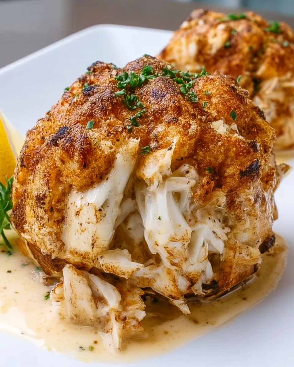 Golden brown famous crab bombs bursting with lump crab meat, served hot and garnished with fresh herbs on a white plate.