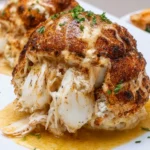 Golden brown famous crab bombs bursting with lump crab meat, served hot and garnished with fresh herbs on a white plate.
