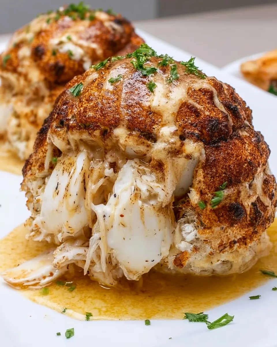 Golden brown famous crab bombs bursting with lump crab meat, served hot and garnished with fresh herbs on a white plate.