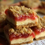 Close-up of creamy rhubarb cheesecake squares with a golden crust and swirls of pink rhubarb compote on top.
