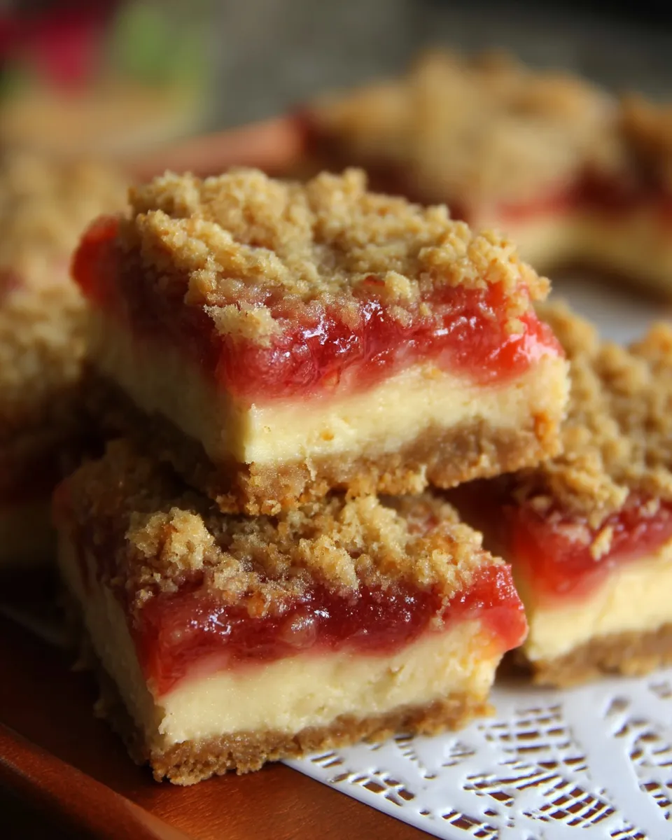 Close-up of creamy rhubarb cheesecake squares with a golden crust and swirls of pink rhubarb compote on top.