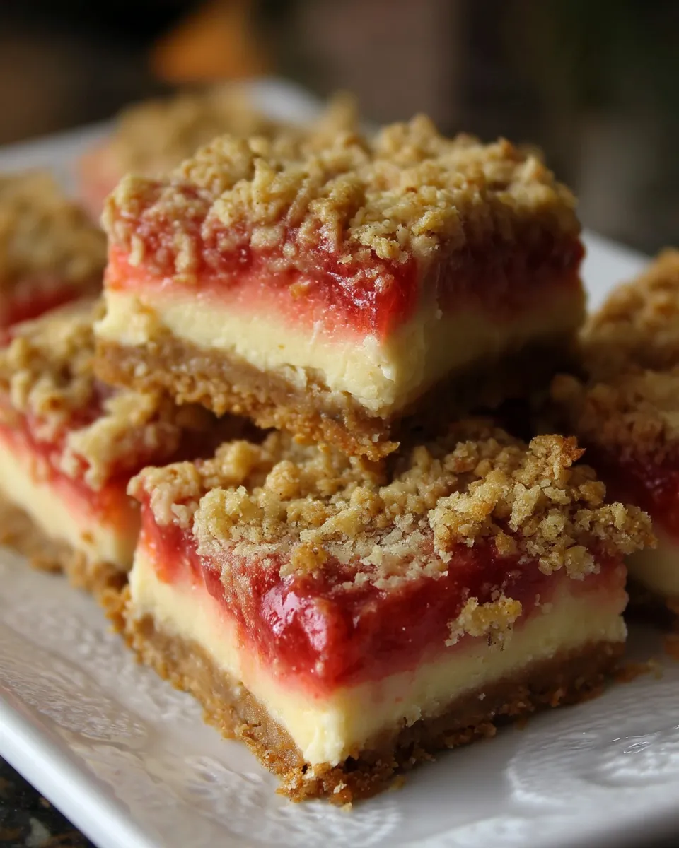Close-up of creamy rhubarb cheesecake squares with a golden crust and swirls of pink rhubarb compote on top.