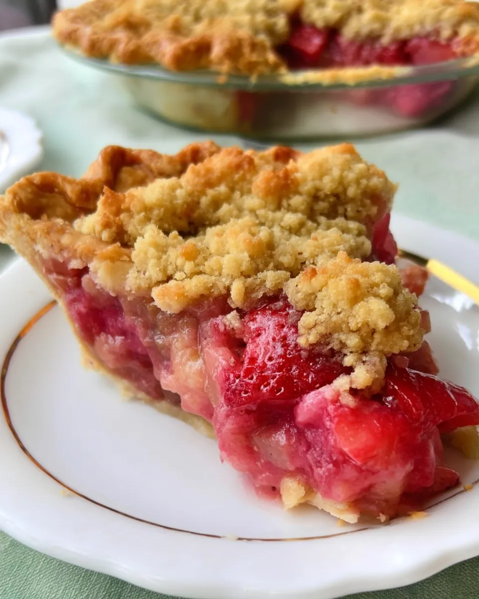 A golden-brown Strawberry Rhubarb Pie with a buttery crumb topping, oozing with juicy fruit filling on a rustic pie plate.