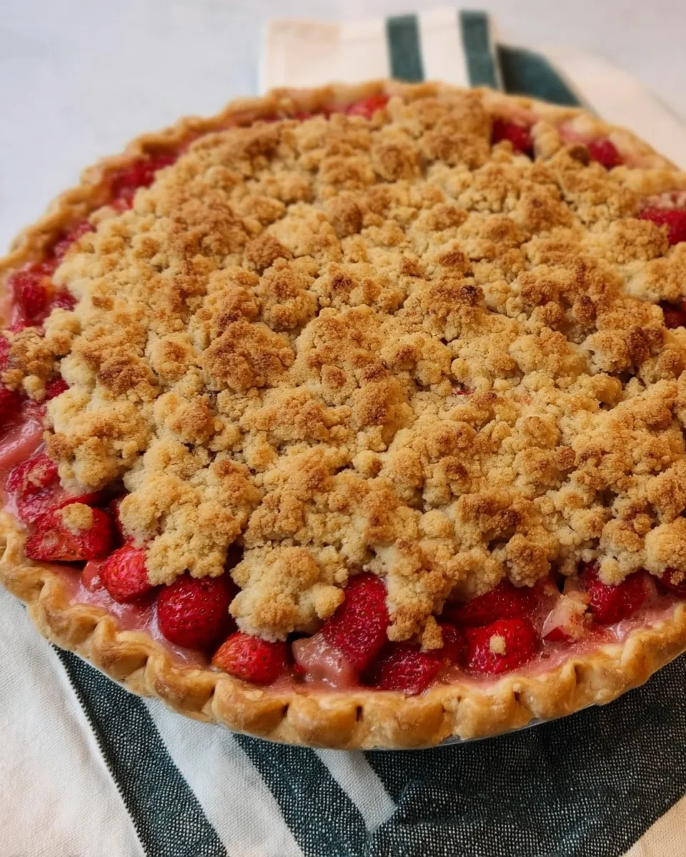 A golden-brown Strawberry Rhubarb Pie with a buttery crumb topping, oozing with juicy fruit filling on a rustic pie plate.