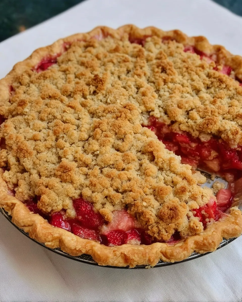A golden-brown Strawberry Rhubarb Pie with a buttery crumb topping, oozing with juicy fruit filling on a rustic pie plate.