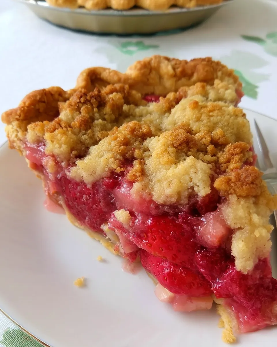 A golden-brown Strawberry Rhubarb Pie with a buttery crumb topping, oozing with juicy fruit filling on a rustic pie plate.