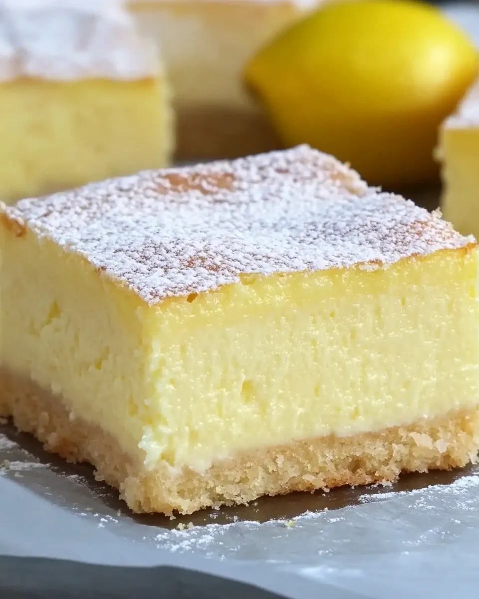 A slice of Lemon Custard Cake with a soft, creamy custard layer and a fluffy cake top, dusted with powdered sugar.