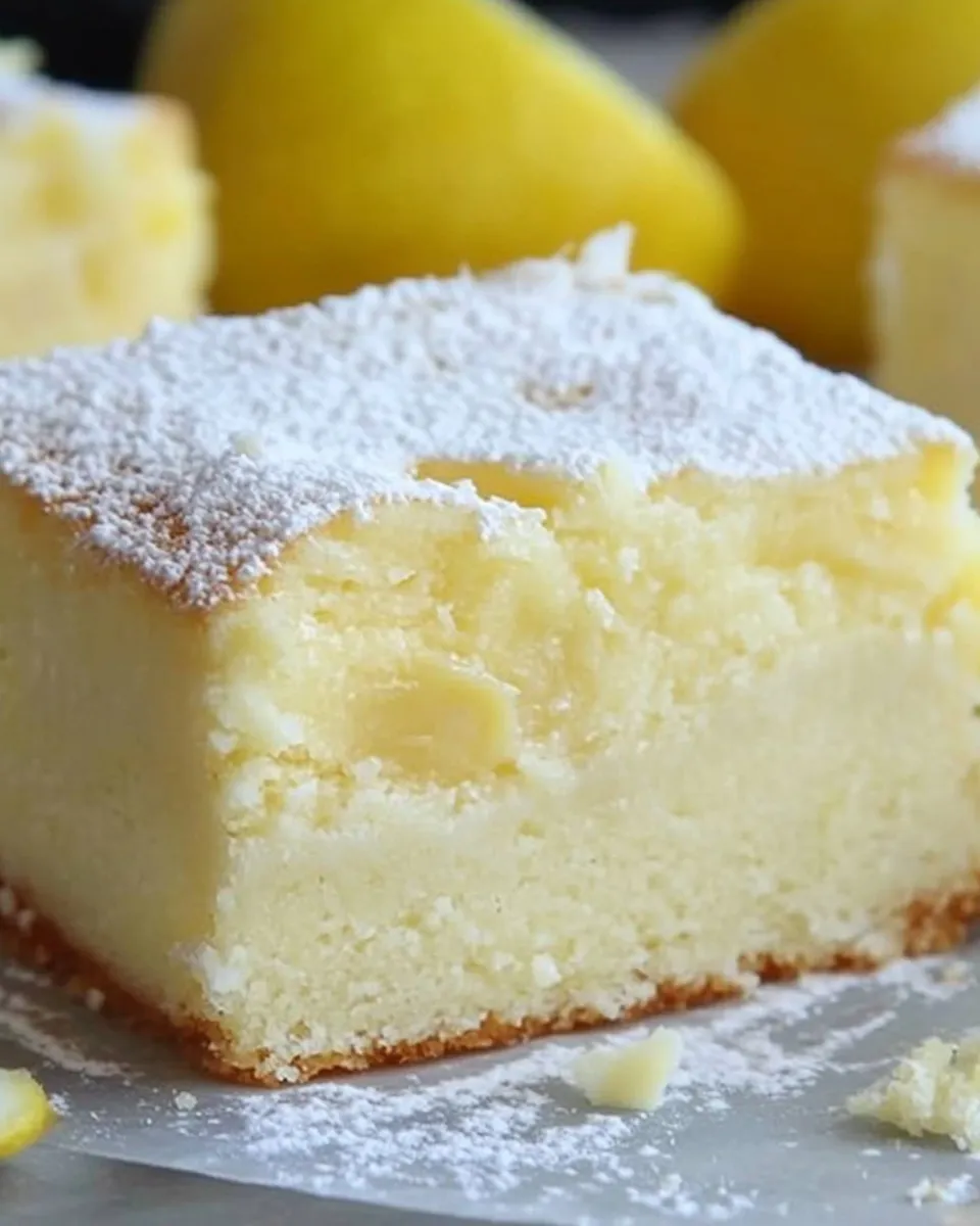 A slice of Lemon Custard Cake with a soft, creamy custard layer and a fluffy cake top, dusted with powdered sugar.