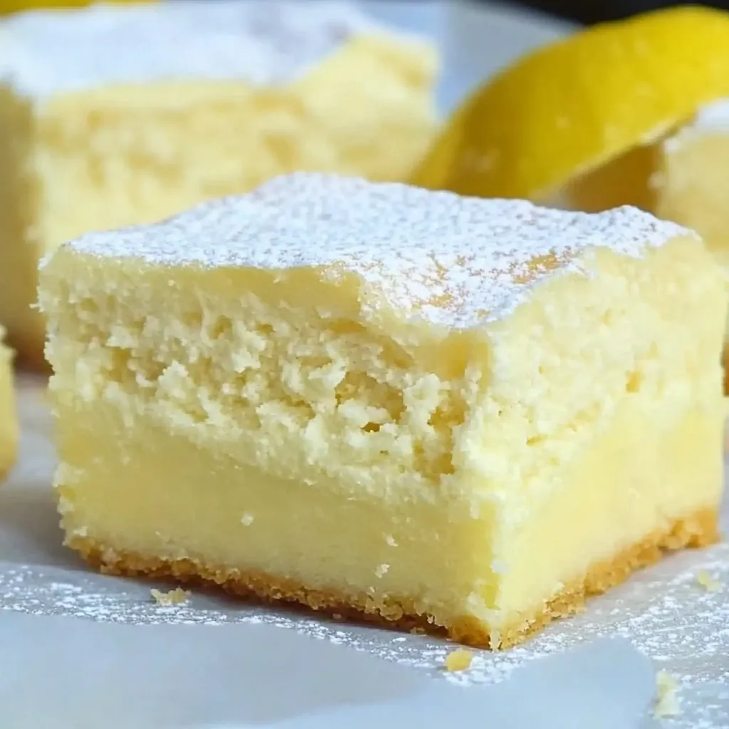 A slice of Lemon Custard Cake with a soft, creamy custard layer and a fluffy cake top, dusted with powdered sugar.
