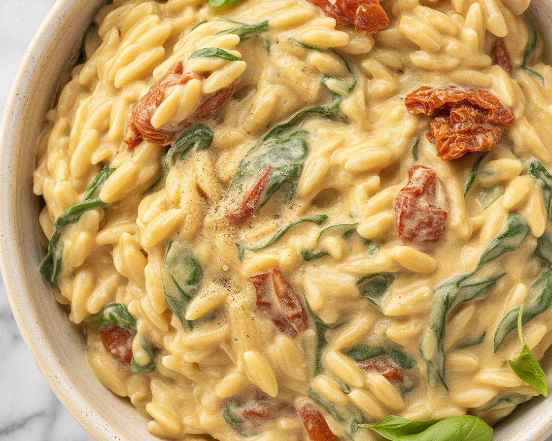 Creamy Tuscan Orzo dish served in a bowl with sun-dried tomatoes and parsley garnish.