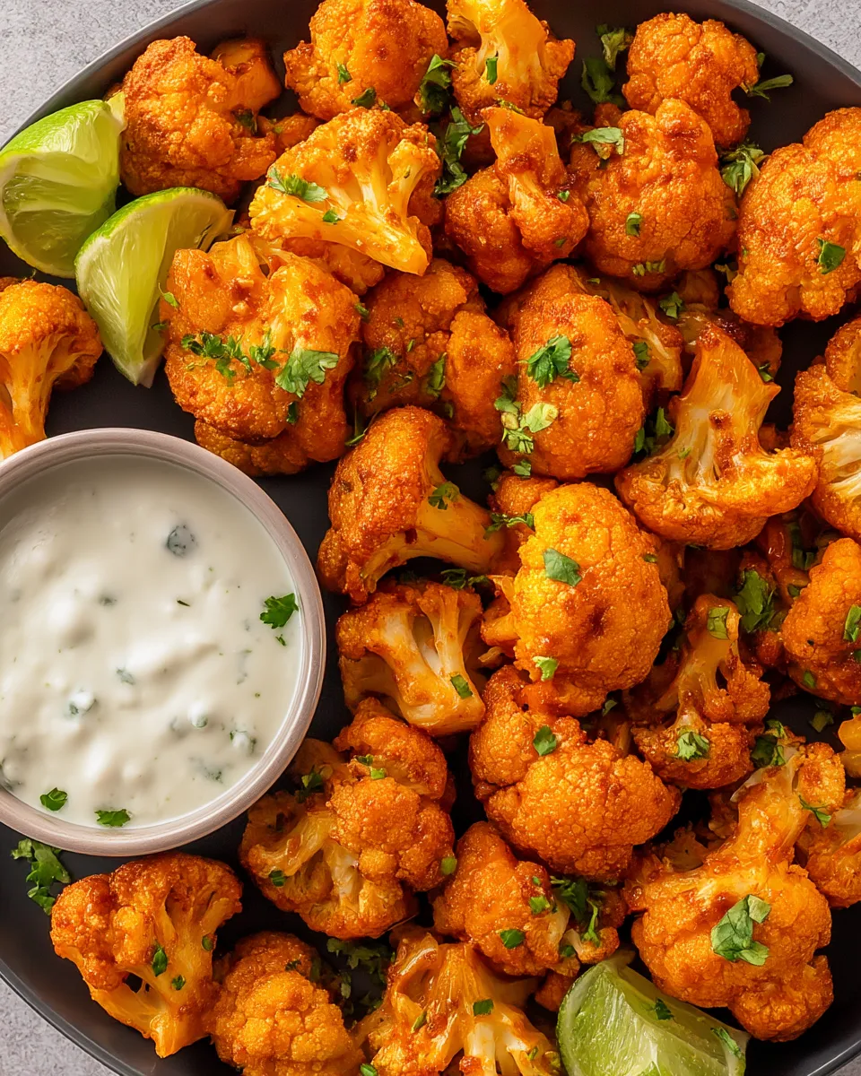 Crispy Air Fryer Buffalo Cauliflower bites tossed in spicy buffalo sauce, served with creamy ranch dip on a white plate.