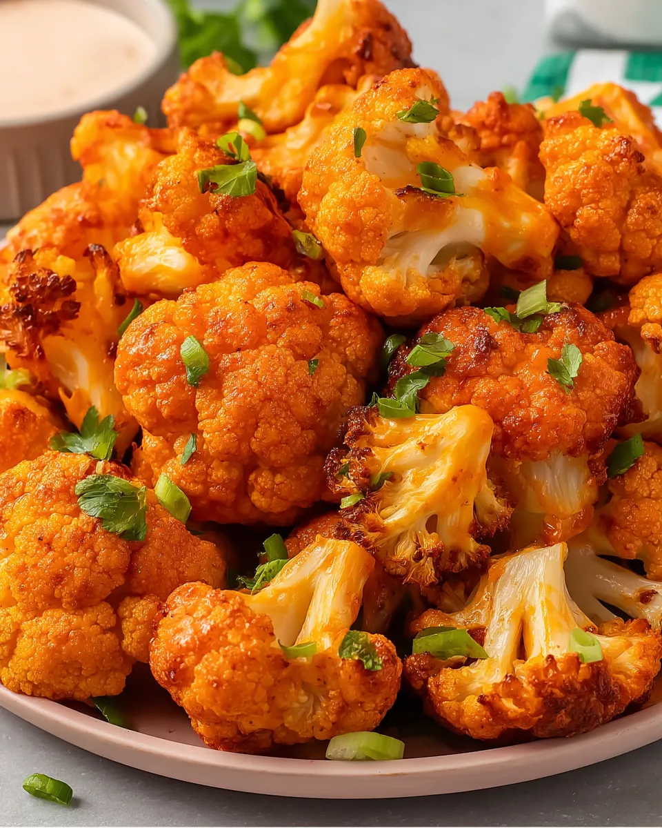 Crispy Air Fryer Buffalo Cauliflower bites tossed in spicy buffalo sauce, served with creamy ranch dip on a white plate.