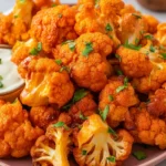 Crispy Air Fryer Buffalo Cauliflower bites tossed in spicy buffalo sauce, served with creamy ranch dip on a white plate.