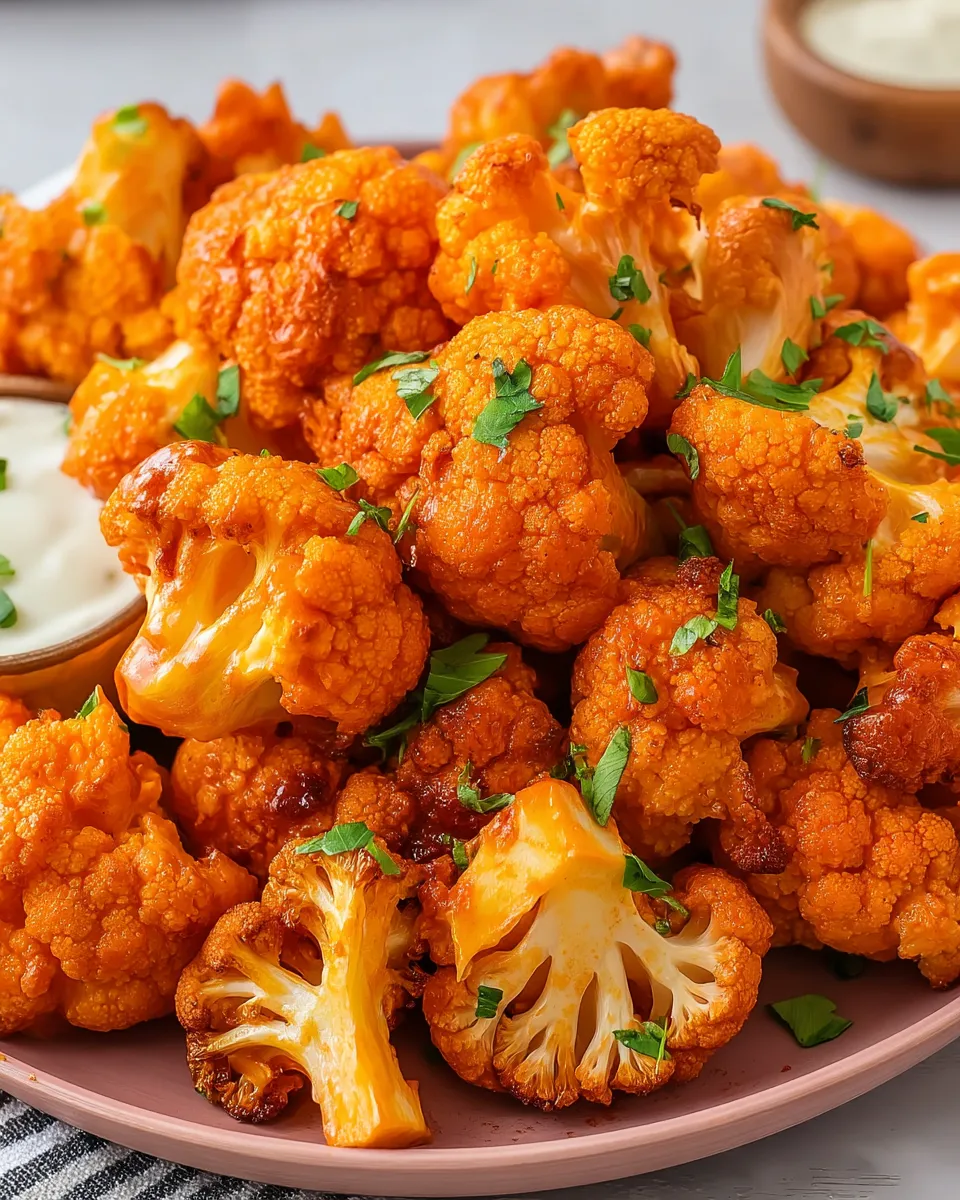 Crispy Air Fryer Buffalo Cauliflower bites tossed in spicy buffalo sauce, served with creamy ranch dip on a white plate.