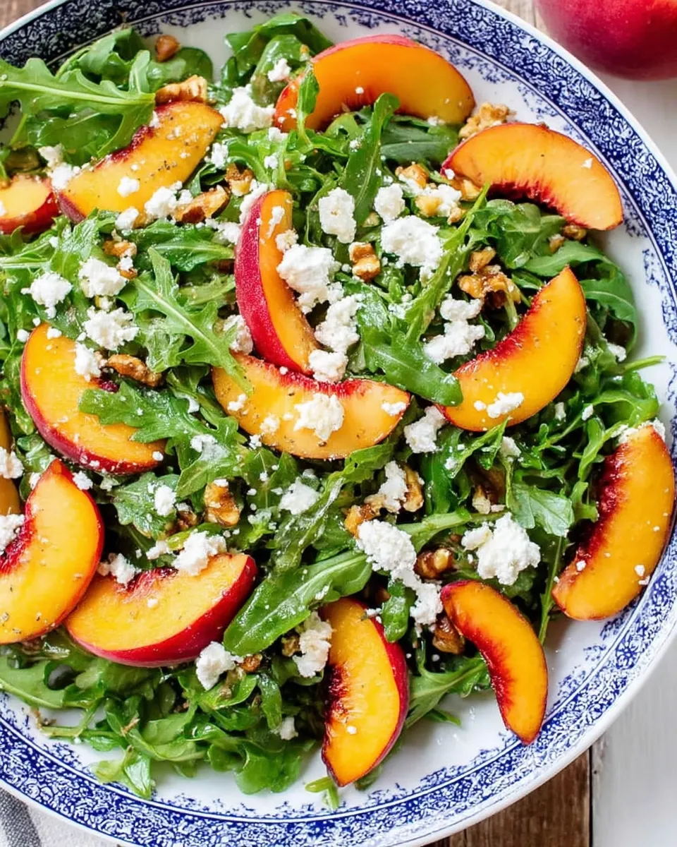 Fresh arugula nectarine salad with crumbled feta, toasted almonds, and a drizzle of balsamic vinaigrette served on a white plate.