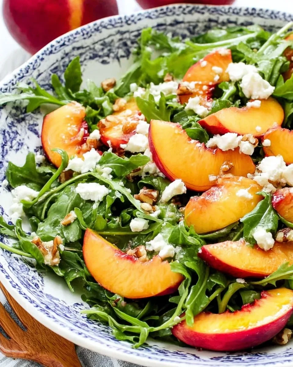 Fresh arugula nectarine salad with crumbled feta, toasted almonds, and a drizzle of balsamic vinaigrette served on a white plate.