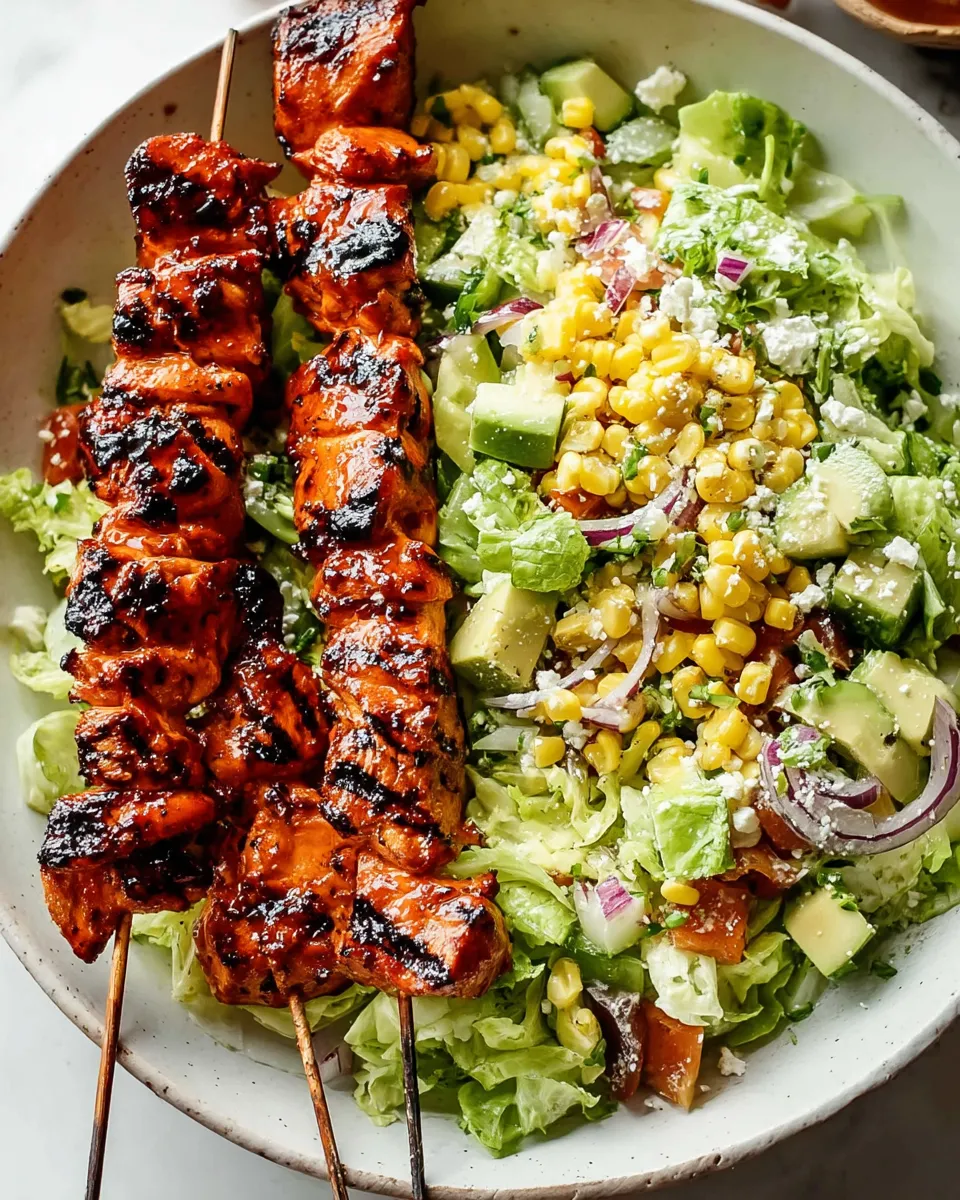 BBQ Chicken Skewer Salad with ranch dressing and fresh vegetables on a plate.