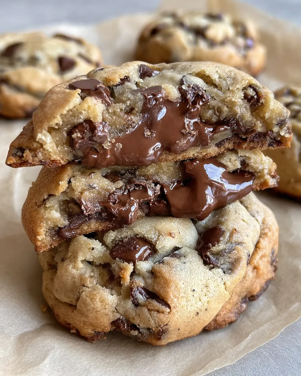 Close-up of thick, golden-brown bakery-style chocolate chip cookies with gooey chocolate chunks and a soft, chewy center on a rustic baking tray.