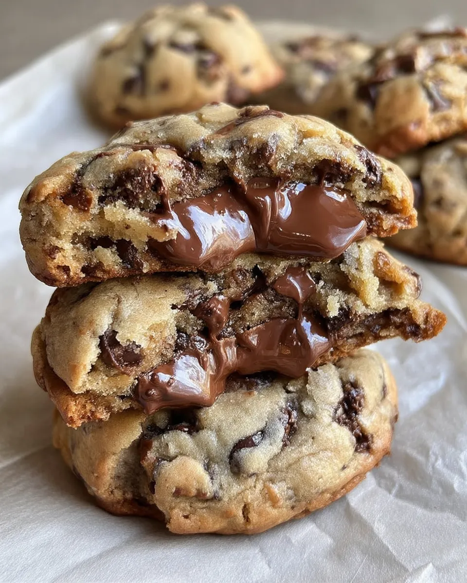 Close-up of thick, golden-brown bakery-style chocolate chip cookies with gooey chocolate chunks and a soft, chewy center on a rustic baking tray.