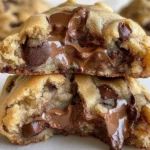 Close-up of thick, golden-brown bakery-style chocolate chip cookies with gooey chocolate chunks and a soft, chewy center on a rustic baking tray.