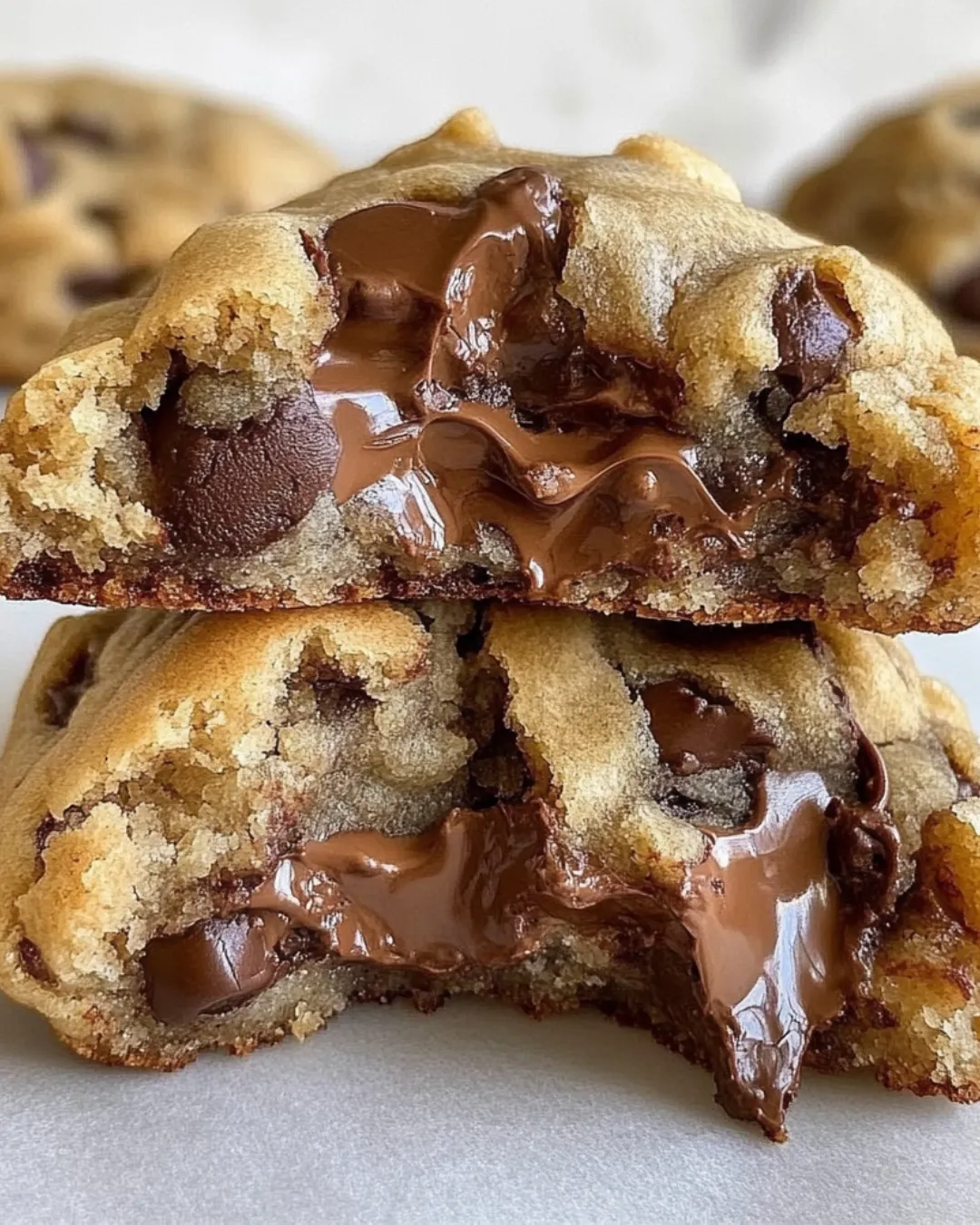 Close-up of thick, golden-brown bakery-style chocolate chip cookies with gooey chocolate chunks and a soft, chewy center on a rustic baking tray.