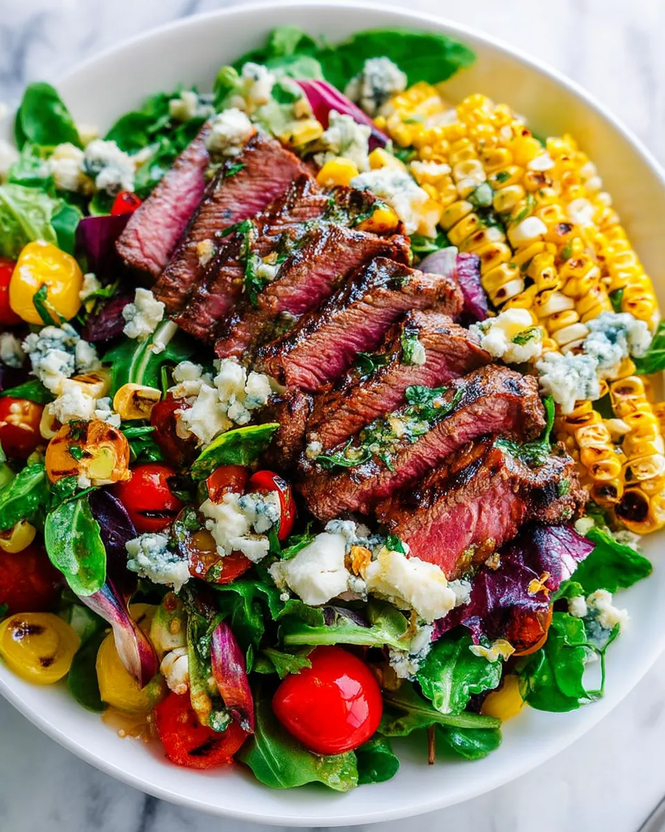 Grilled Corn Balsamic Steak Salad with Gorgonzola cheese and cherry tomatoes.