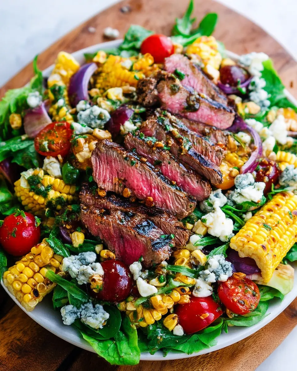 Grilled Corn Balsamic Steak Salad with Gorgonzola cheese and cherry tomatoes.