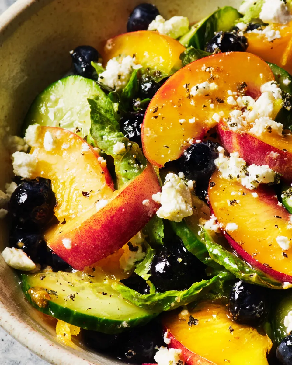 Blueberry peach feta salad with fresh basil in a white serving bowl