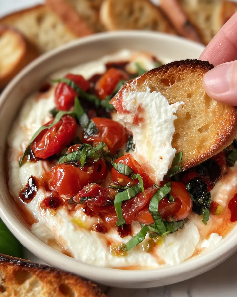 A bowl of fresh bruschetta dip made with chopped tomatoes, garlic, basil, and balsamic glaze, served with crispy toasted baguette slices on the side.
