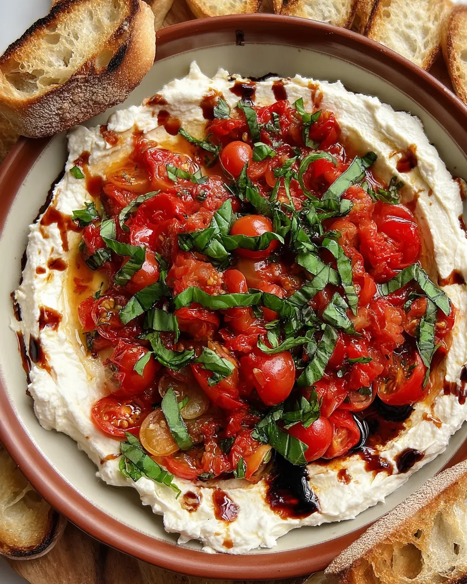 A bowl of fresh bruschetta dip made with chopped tomatoes, garlic, basil, and balsamic glaze, served with crispy toasted baguette slices on the side.