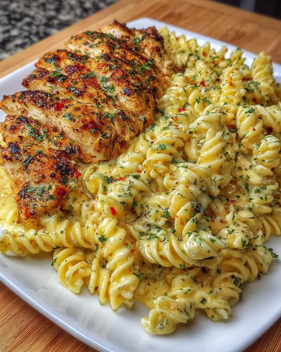 A plate of creamy garlic parmesan chicken served over cheesy twisted pasta, garnished with parsley and grated parmesan.