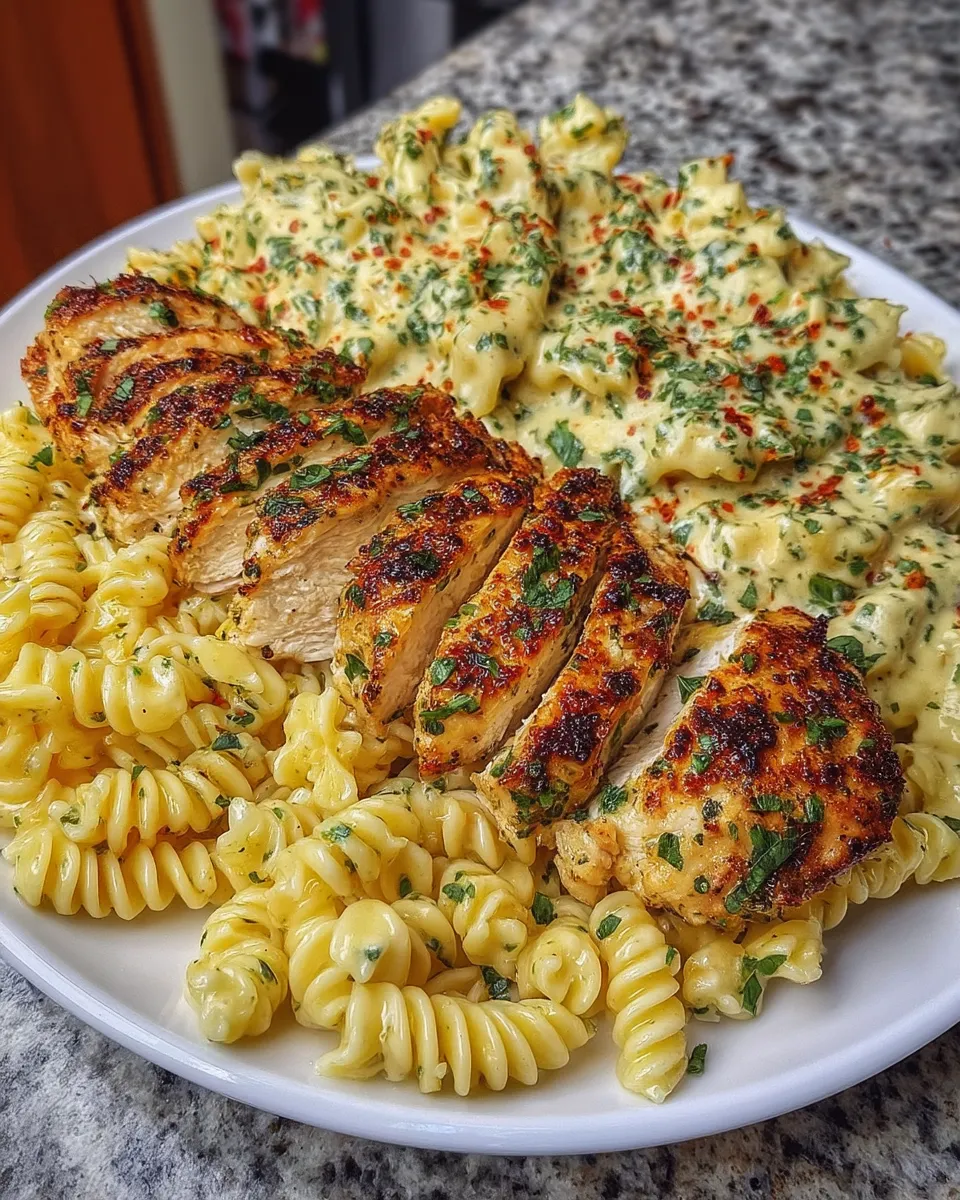 A plate of creamy garlic parmesan chicken served over cheesy twisted pasta, garnished with parsley and grated parmesan.