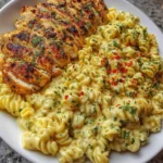 A plate of creamy garlic parmesan chicken served over cheesy twisted pasta, garnished with parsley and grated parmesan.