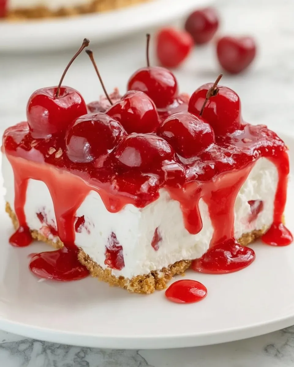 A layered Cherry Delight dessert with a buttery graham cracker crust, fluffy cream cheese filling, and glossy cherry pie topping, chilled and served in a square slice.