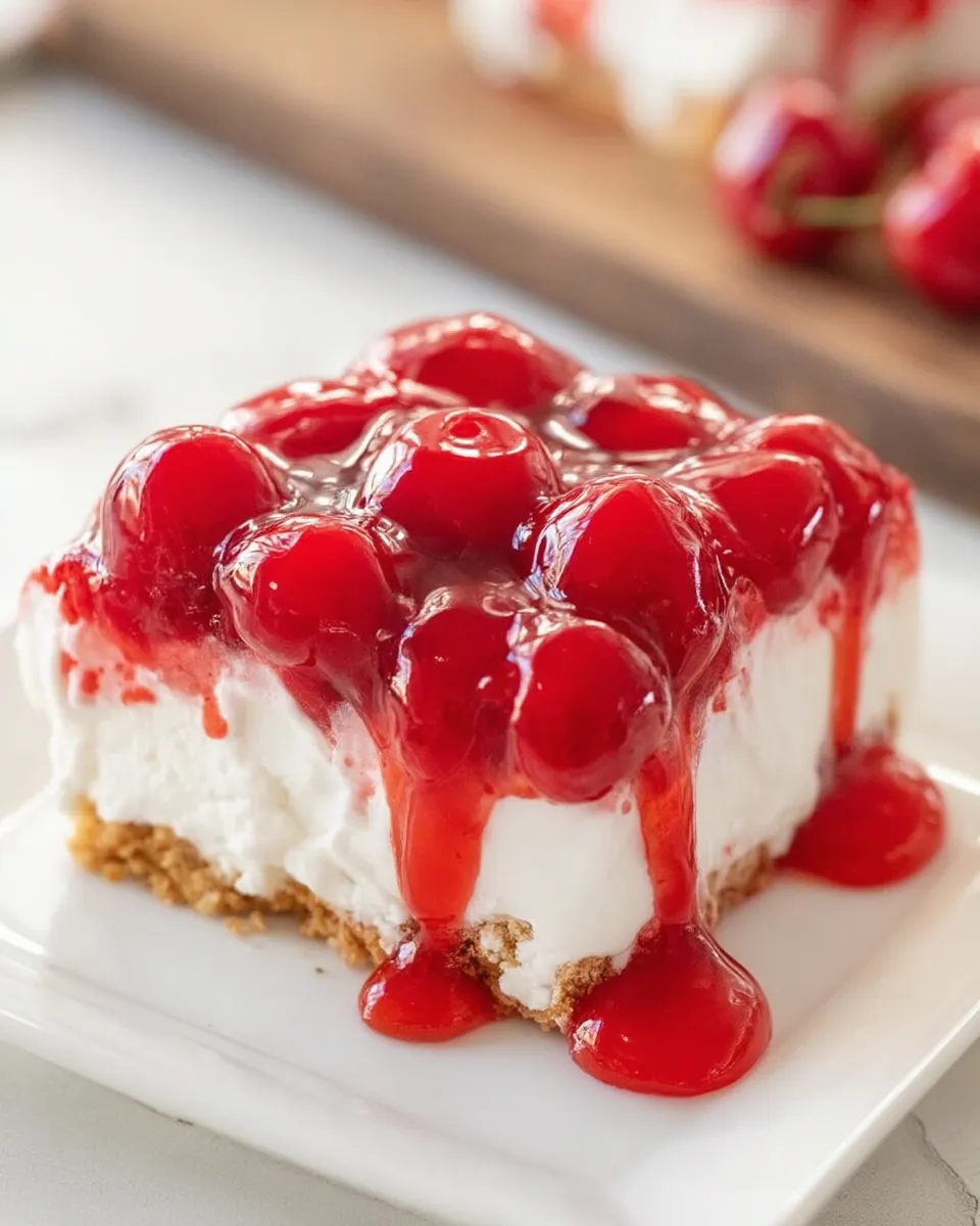 A layered Cherry Delight dessert with a buttery graham cracker crust, fluffy cream cheese filling, and glossy cherry pie topping, chilled and served in a square slice.