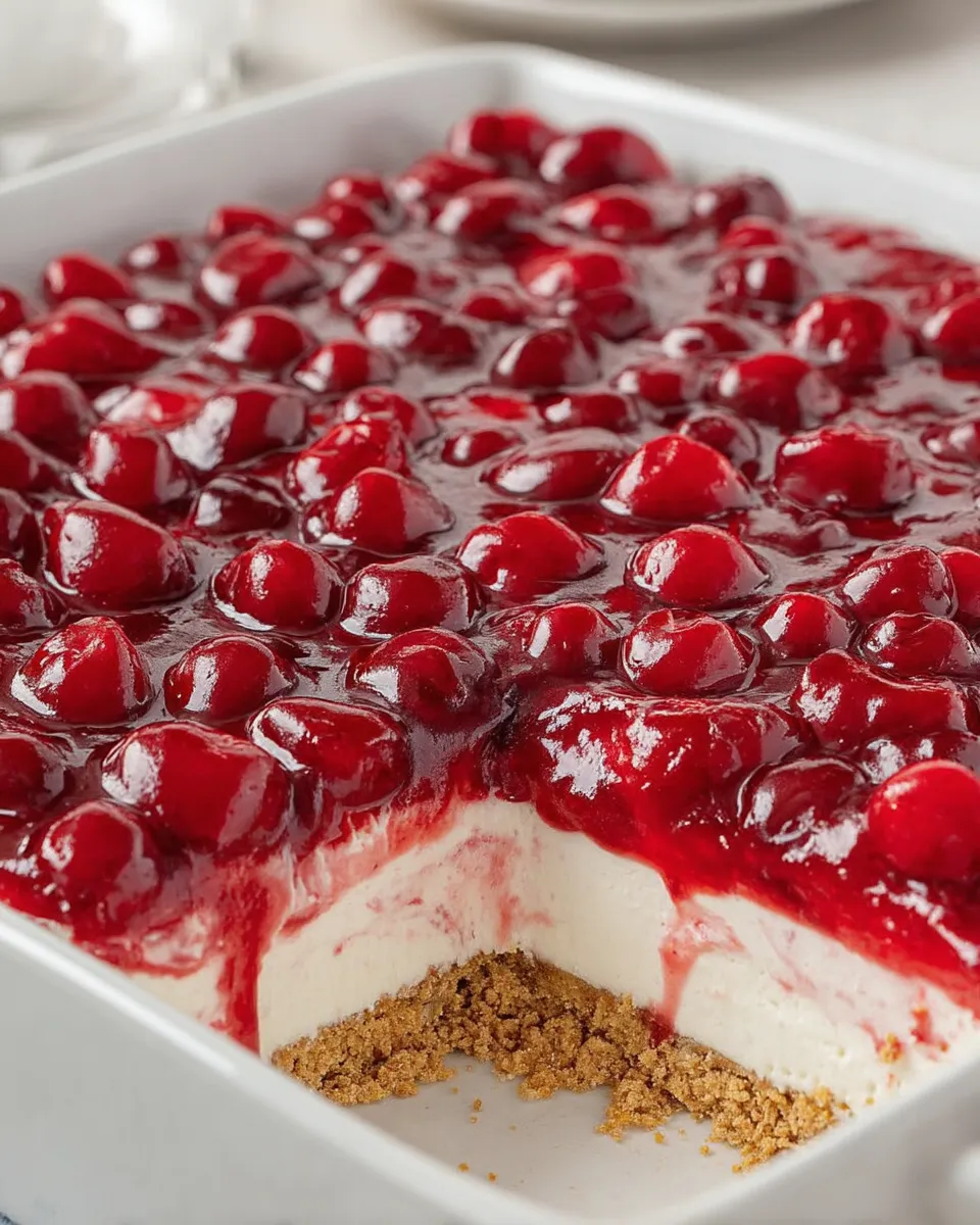 A layered Cherry Delight dessert with a buttery graham cracker crust, fluffy cream cheese filling, and glossy cherry pie topping, chilled and served in a square slice.