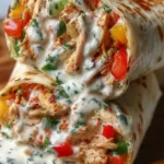 Grilled Chicken Bell Pepper Ranch Burritos sliced in half, served with ranch dip and garnished with fresh herbs