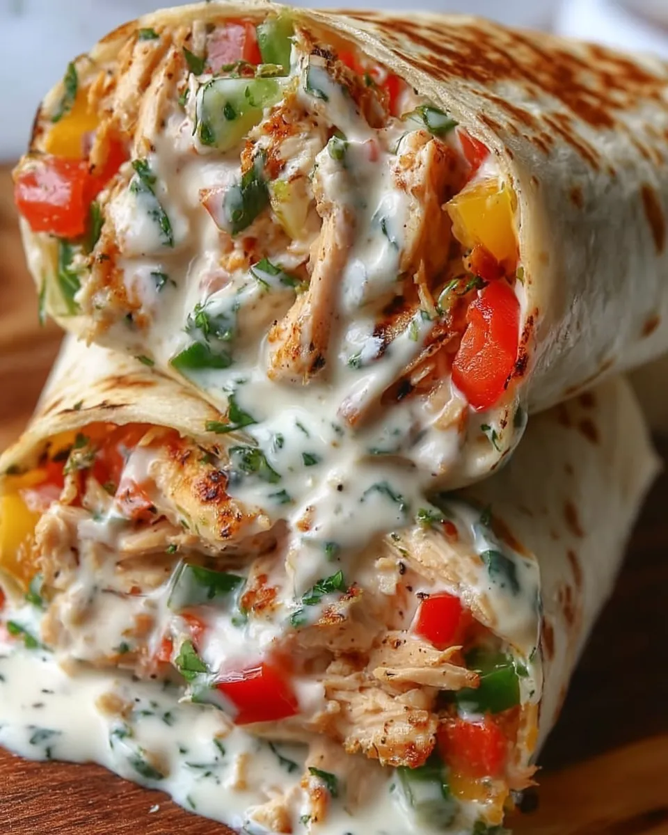 Grilled Chicken Bell Pepper Ranch Burritos sliced in half, served with ranch dip and garnished with fresh herbs