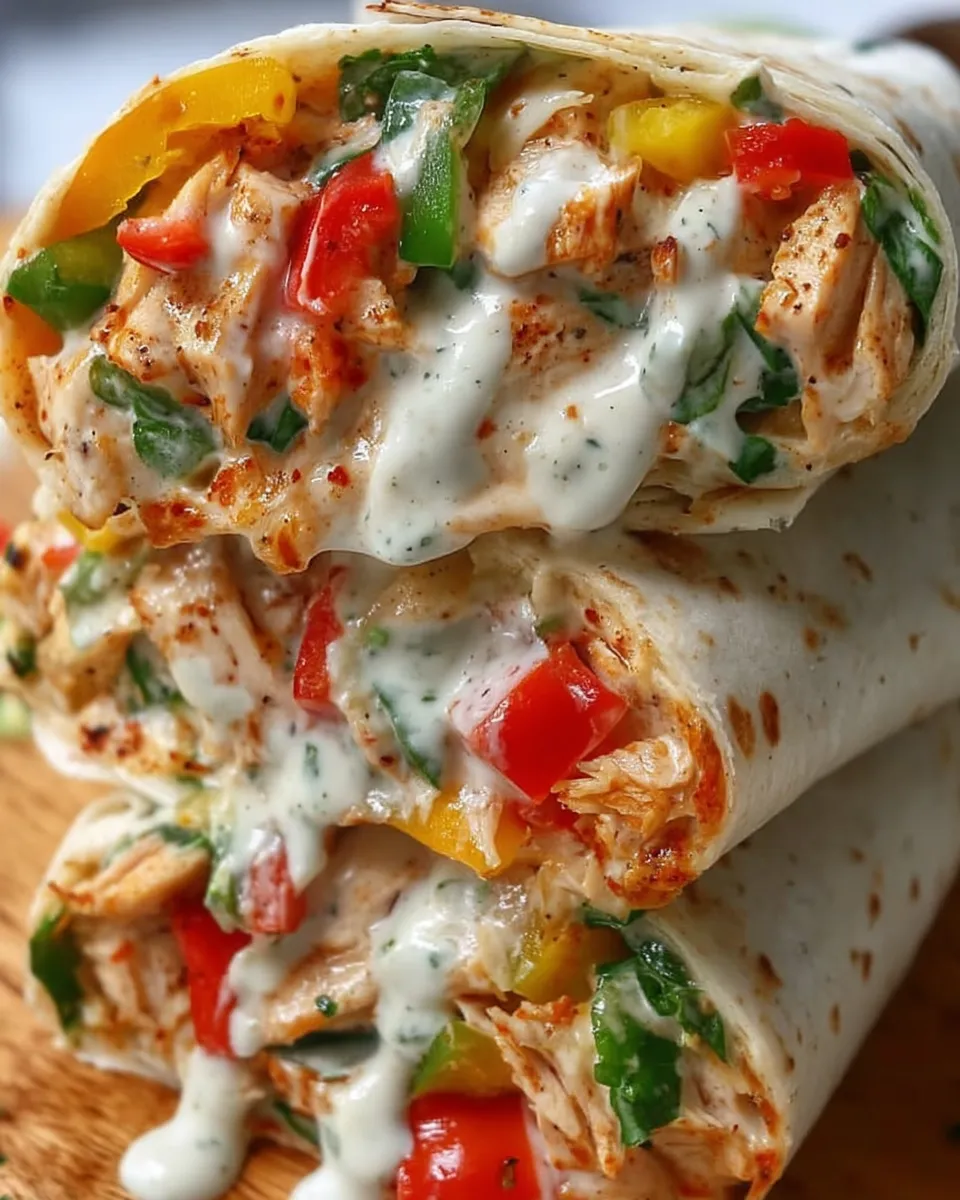 Grilled Chicken Bell Pepper Ranch Burritos sliced in half, served with ranch dip and garnished with fresh herbs