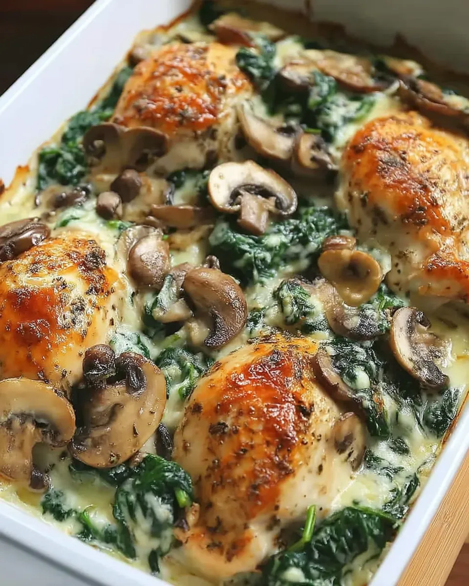 Baked low-carb chicken dish with spinach and mushrooms in a creamy sauce served in a casserole dish.