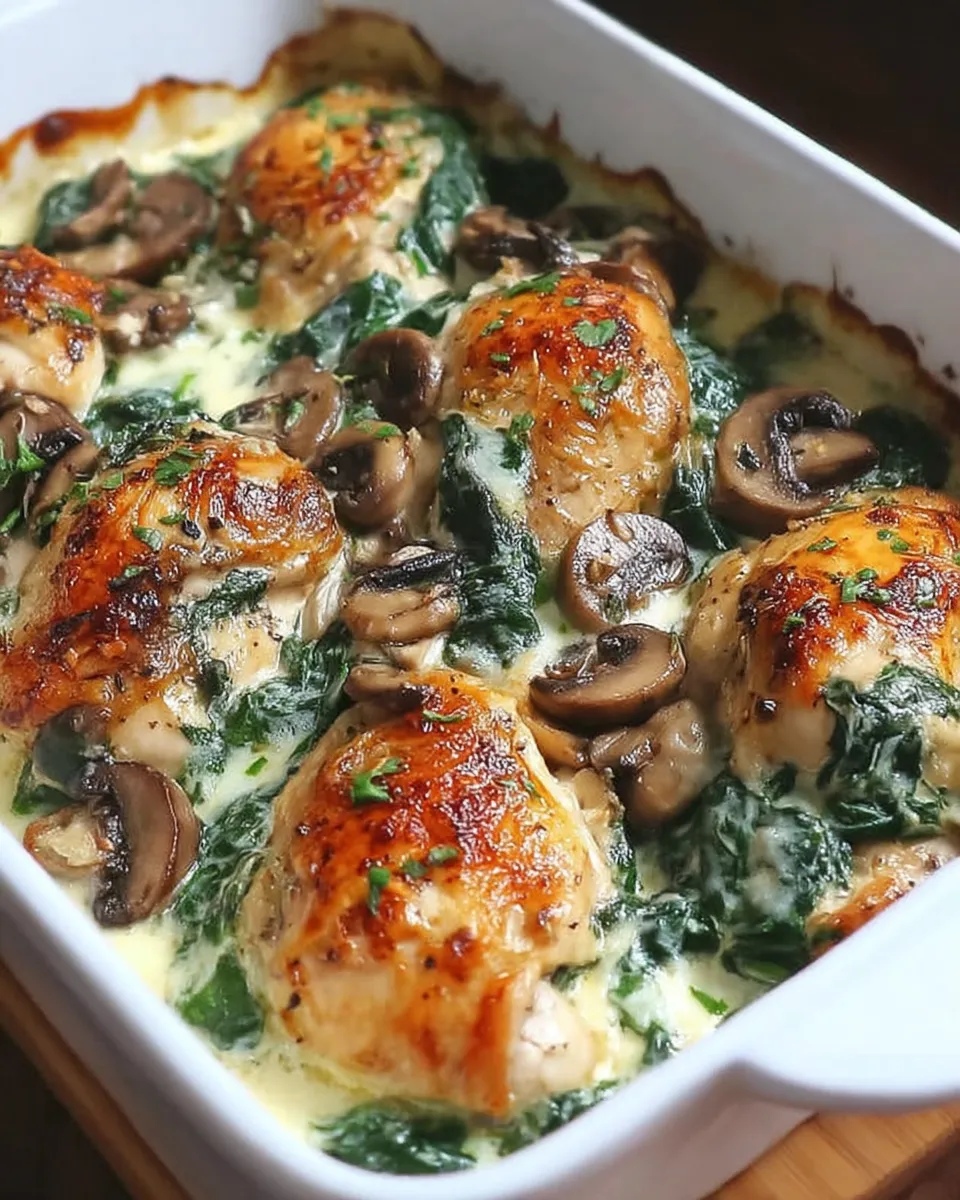 Baked low-carb chicken dish with spinach and mushrooms in a creamy sauce served in a casserole dish.
