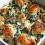 Baked low-carb chicken dish with spinach and mushrooms in a creamy sauce served in a casserole dish.