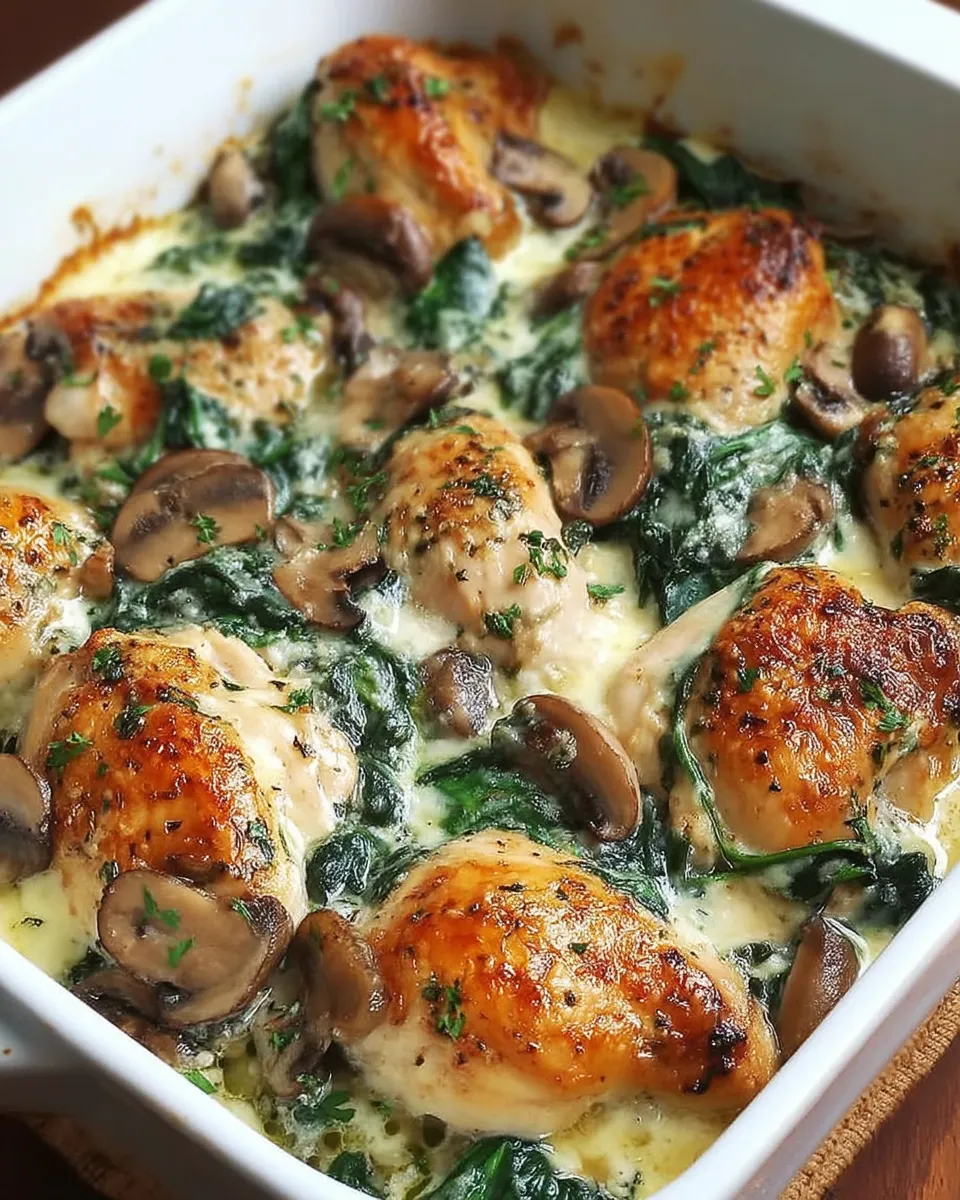 Baked low-carb chicken dish with spinach and mushrooms in a creamy sauce served in a casserole dish.