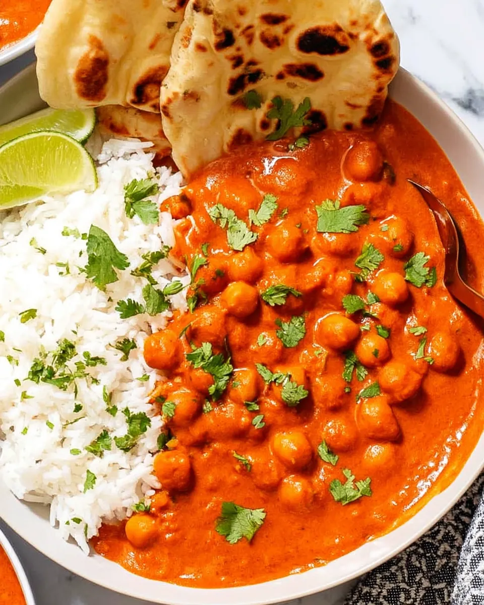 Creamy Chickpea Tikka Masala with basmati rice and fresh cilantro