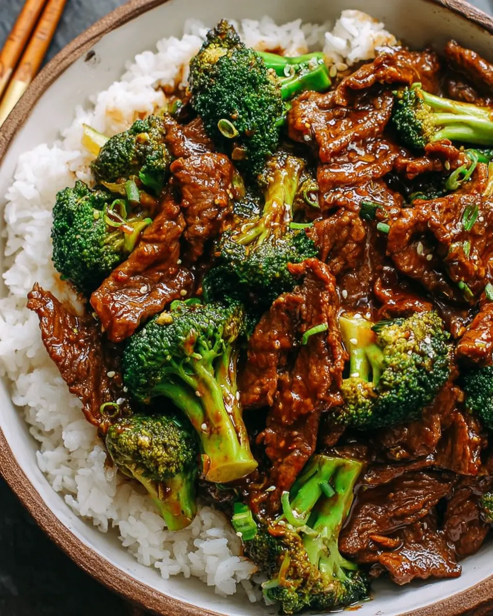 Chinese beef and broccoli stir-fry with glossy sauce served over white rice