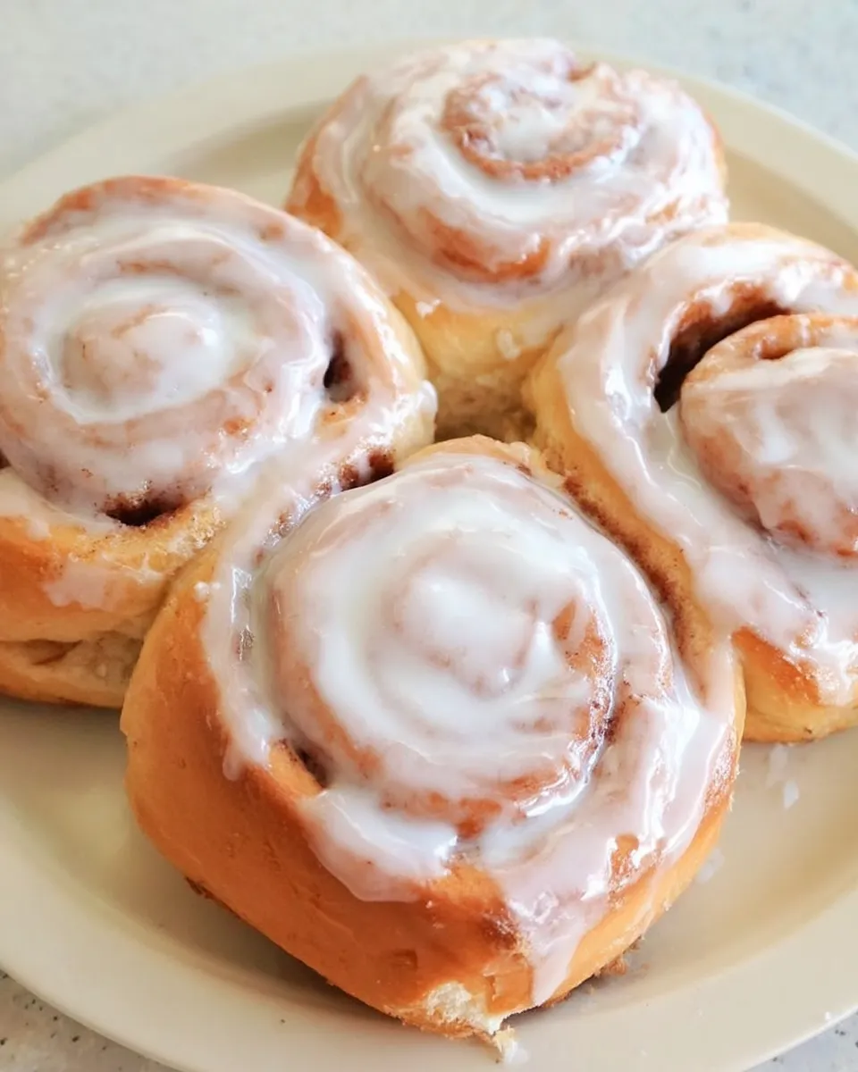 Freshly baked cinnamon rolls with golden swirls, gooey cinnamon filling, and creamy vanilla glaze dripping over the top, served warm.