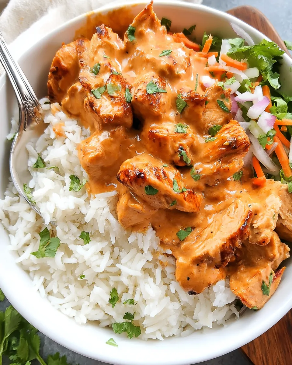 A vibrant Coconut Chicken Rice Bowl filled with tender coconut-marinated chicken over fluffy rice, topped with mango slices, shredded carrots, cucumber ribbons, and a sprinkle of cilantro.