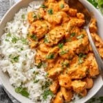 A vibrant Coconut Chicken Rice Bowl filled with tender coconut-marinated chicken over fluffy rice, topped with mango slices, shredded carrots, cucumber ribbons, and a sprinkle of cilantro.