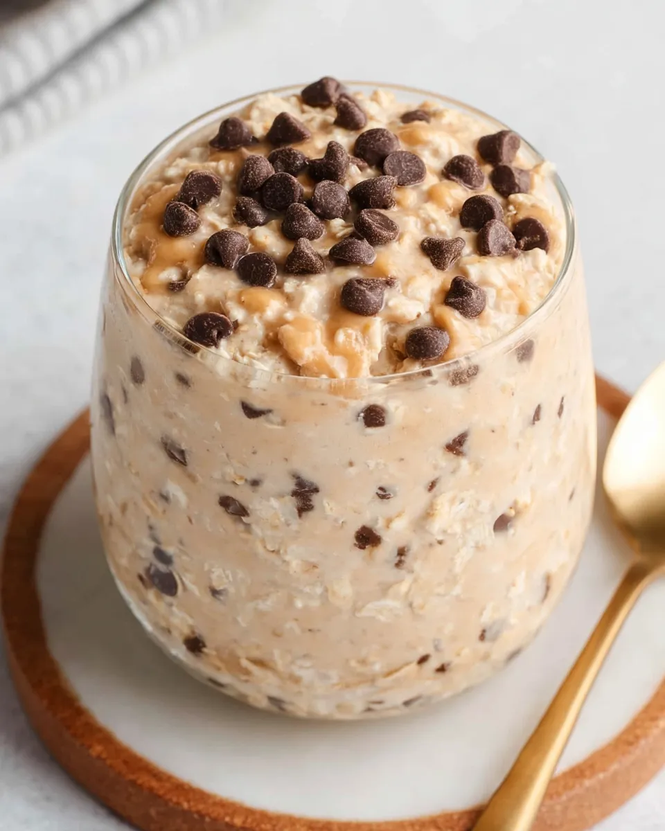 A mason jar filled with creamy cookie dough overnight oats topped with mini chocolate chips and a drizzle of peanut butter, served with a spoon on a rustic wooden surface.